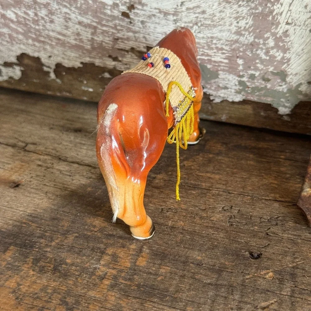 Vintage Enesco Japan Ceramic Grazing Horse Figurine Beaded Saddle Blanket 5